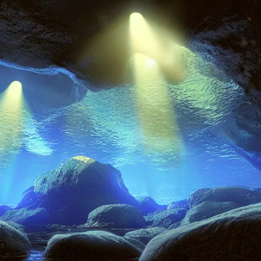 Prompt: realistic underwater cave with light rays coming through