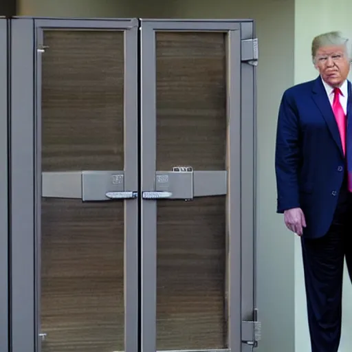 Prompt: Candid photo of Donald Trump standing by while the FBI raids his safe