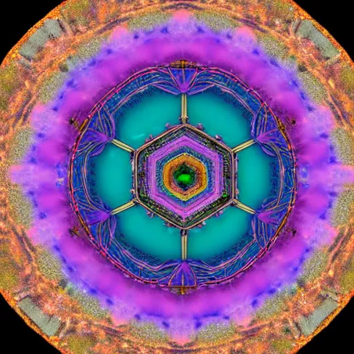 Prompt: the top view of a secret portal to a higher dimension, psychedelic, ethereal, ultra-realistic, malve, teal, lavender, purple and blue, ultra detailed + cinematic + 16k