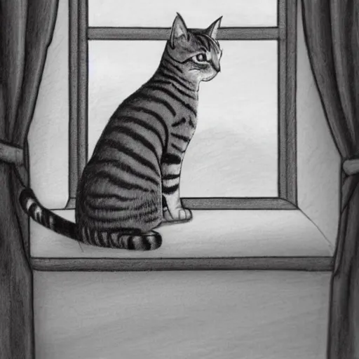 Image similar to a tabby cat named clarence laying on a table looking out the window, it is a sunny day, in the style of a hand drawn pencil sketch