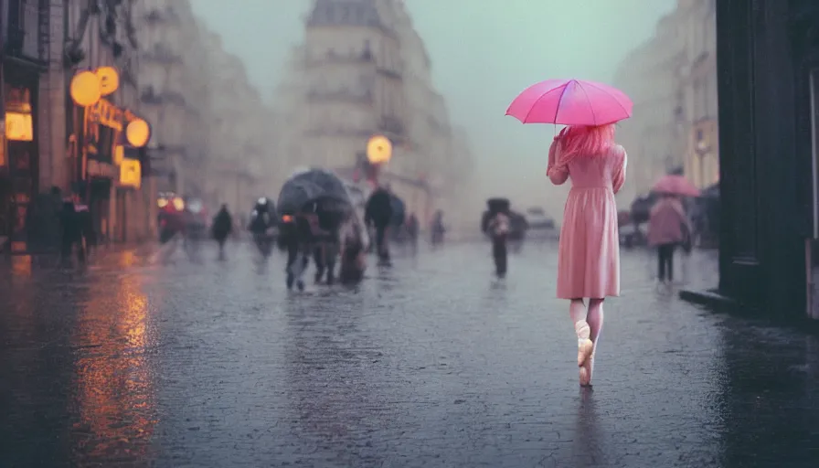 Image similar to street of paris photography, night, rain, mist, a prima ballerina with pink hair, umbrella pink, cinestill 8 0 0 t, in the style of william eggleston