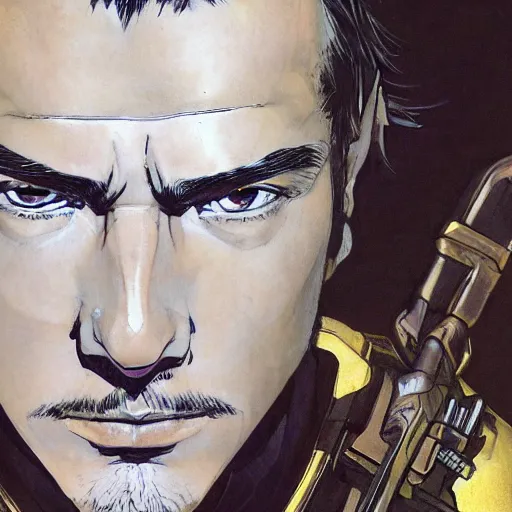 Prompt: portrait of a hero holding his sword in front of his face by yoji shinkawa, high quality, extra details, realism, ornate, colored, golden chain, blood, white skin, short hair, brown eyes, vivid, sunlight, dynamic, american man, freedom, white american soldier, ball point pen