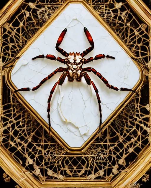 Prompt: symmetry, white marble, white marble bas relief sculpture, white and gold kintsugi, feminine shapes, crabs, spiders, scorpions, tarantulas, stunning, art by hr geiger and ridley scott, highly detailed, intricately detailed, octane, 8 k, trending on artstation