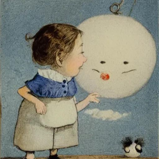 Image similar to candid portrait of floating white ball with face smiling eyes closed, surrounded by clouds, illustrated by peggy fortnum and beatrix potter and sir john tenniel