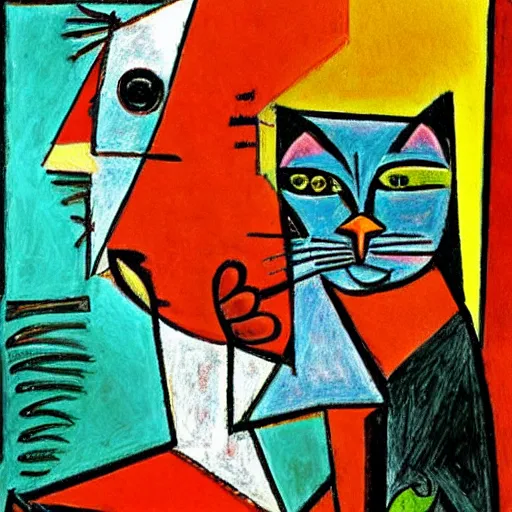 Prompt: a cat, in the style of picasso and max ernst abd ralph steadman