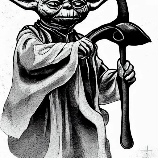 Image similar to Ink illustration Yoda playing the shofar, high contrast, trending on artstation