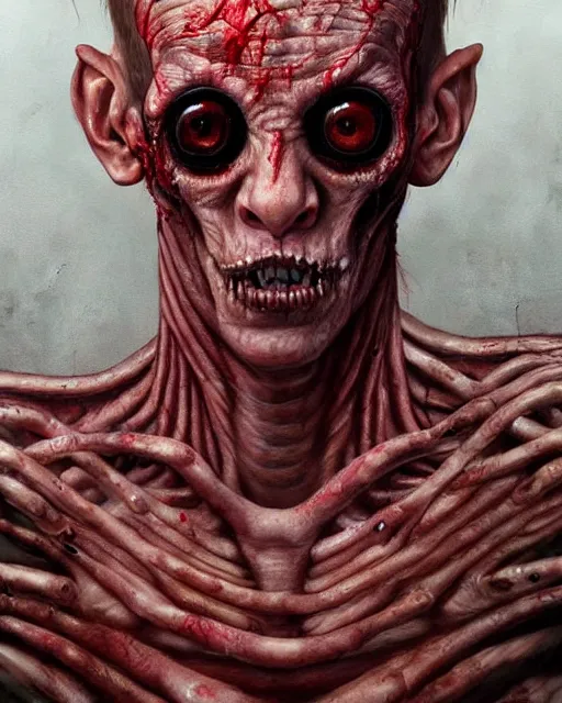 Image similar to Haunting horrifying hyperrealistic detailed painting of a tall slim flesh extraterrestrial creature covered in thick black blood, heavy metal, disgusting, creepy, unsettling, and bloodshot eyeballs, hyper detailed, trending on Artstation