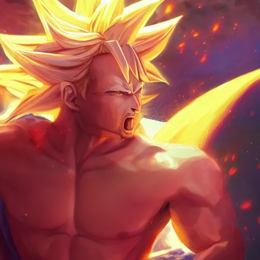 Image similar to Jesus christ transforming in super Saiyan , by Stanley Artgerm Lau, WLOP, Rossdraws, James Jean, Andrei Riabovitchev, Marc Simonetti, Yoshitaka Amano, ArtStation, CGSociety,