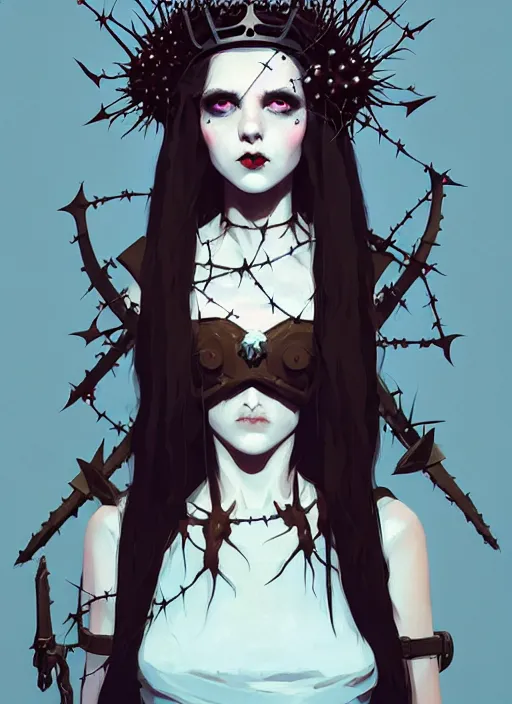 Prompt: portrait of cute goth maiden girl with crown of thorns and white short hairs, dressed in belts, warhammer, cyberpunk, by atey ghailan, by greg rutkowski, by greg tocchini, by james gilleard, by joe gb fenton, by kaethe butcher, dynamic lighting, gradient light blue, brown, blonde cream and white color in scheme, grunge aesthetic