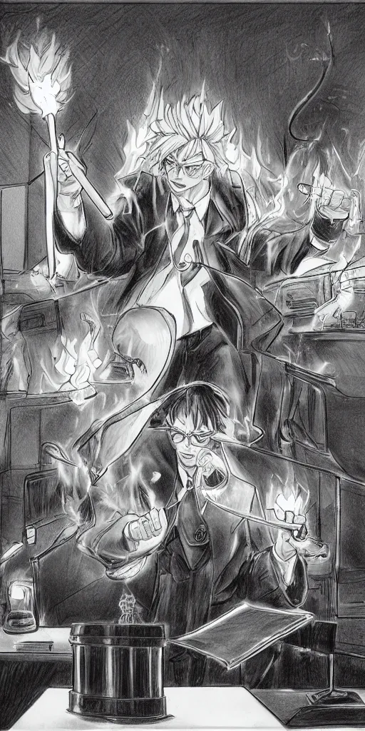 Image similar to powerful anime judge with a magic gavel on fire, in a court room with a scale on his desk, drawn by a famous anime artist, high quality, fine lines, amazing detail