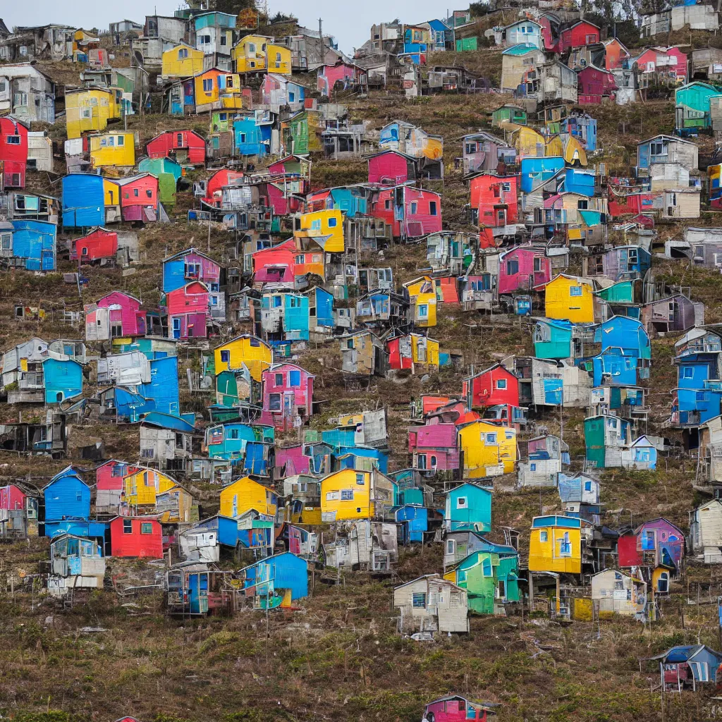 Image similar to a tower made up of colourful makeshift squatter shacks, dystopia, sony a 7 r 3, f 1 1, fully frontal view, photographed by jeanette hagglund, ultra detailed,