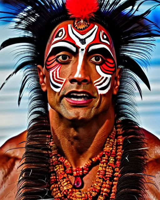 Prompt: photo of Dwayne Johnson as a Dramatic Theyyam male dancer with painted face wearing traditional theyyam costume in the style of stefan kostic, full body, feather native american headgear, realistic, sharp focus, symmetric, 8k high definition, insanely detailed, intricate, elegant, art by stanley lau and artgerm, Hajime Sorayama, William-Adolphe Bouguereau