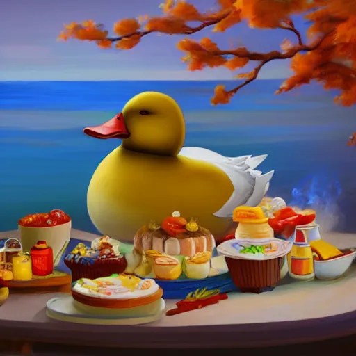 Prompt: obese duck, engorging himself on a buffet of delectable, award-winning desserts, colorful, 4k, highly detailed, photo realstic, ue4, oil painting, artstation concept art