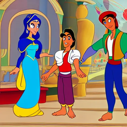 Image similar to aladdin and jasmine in electronics store picking up a flying drone, old 2 d disney artstyle