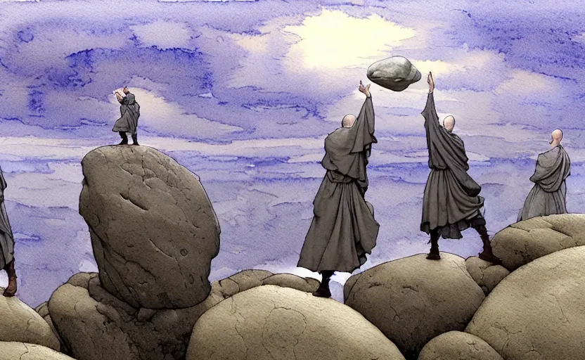 Prompt: a hyperrealist watercolour concept art of a group of grey monks levitating a huge rock in the air over their head. it is a misty night on the moors of ireland. a large flat rock is in the sky. by rebecca guay, michael kaluta, charles vess and jean moebius giraud. high detail, hq, wide shot