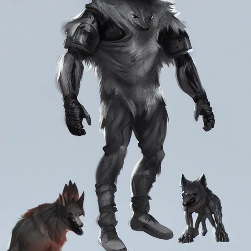 Image similar to strong muscular anthropomorphic wolves wearing techwear, character design, concept art, artstation, 4k