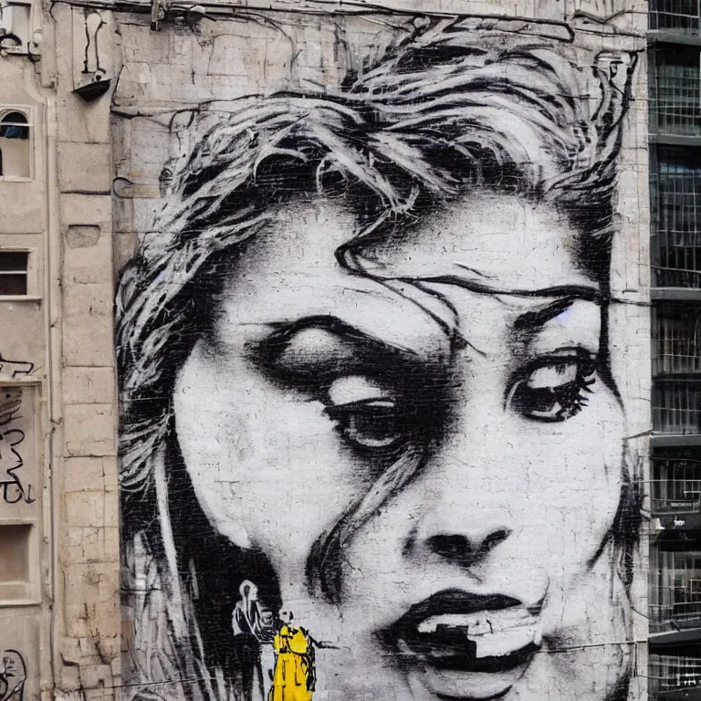 Image similar to Detailed street-art portrait of Shakira Isabel Mebarak Ripoll in style of Banksy