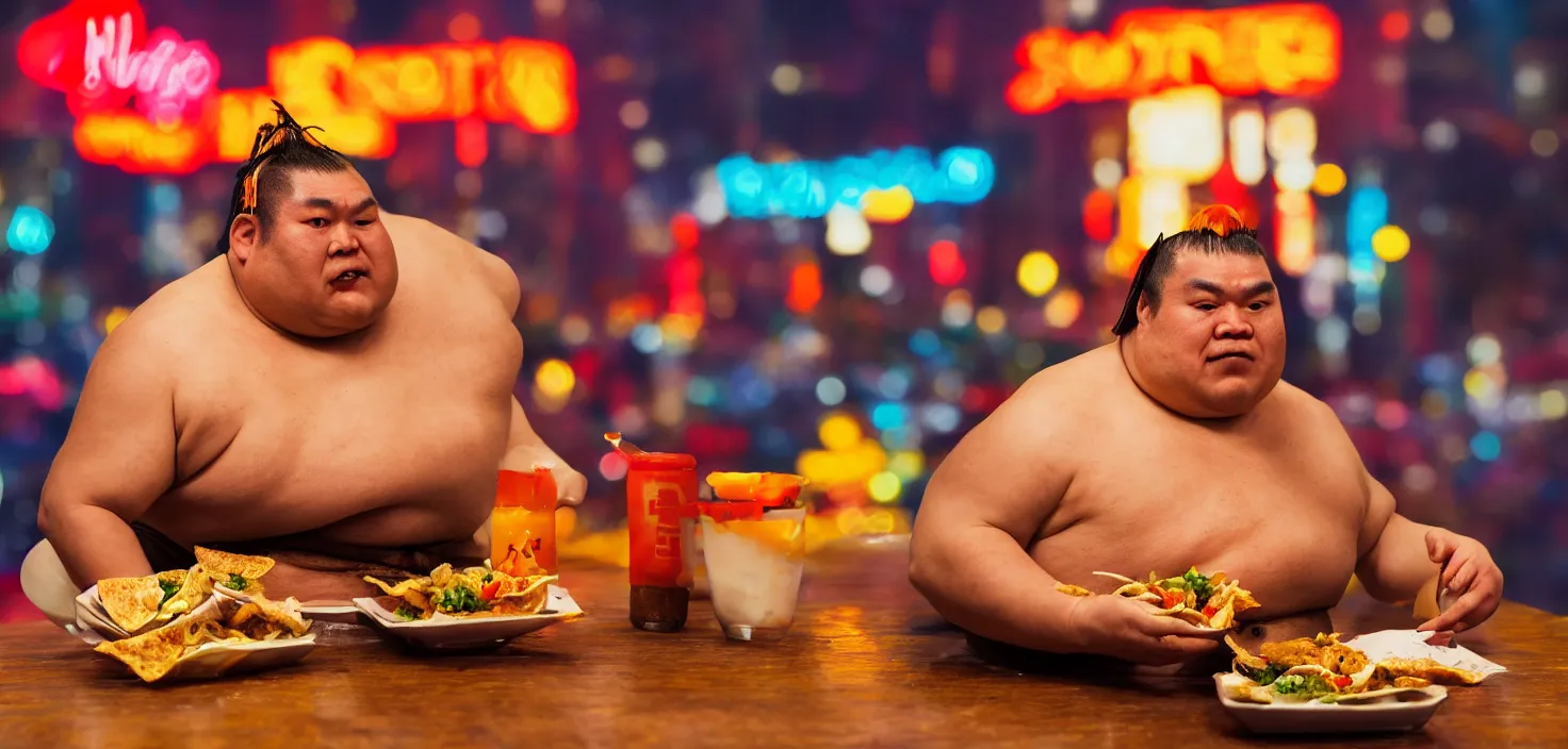 Prompt: sumo wrestler eating crispy tacos with hot sauce, photo realism, bokeh background, neon lights, city background, high definition, slr