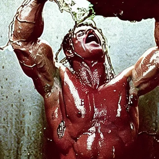 Image similar to 1 9 9 0's wwe publicity photo, a giant muscular man covered in wet reflective slime crawling out of a giant slimy wet cocoon, screaming in agony, inside a secret occult dark evil lab, ultra - detailed, photorealistic