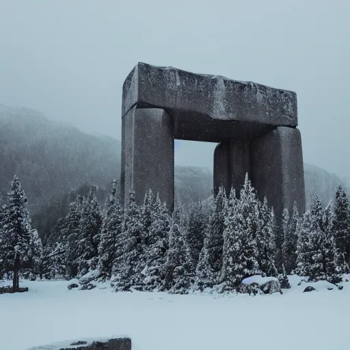 Prompt: a monolithic temple next to a snowcapped mountain. overcast sky, grainy, snowing.