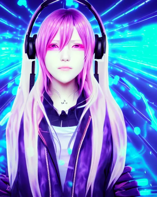 Prompt: beautiful portrait of a woman with pastel long hair with her eyes closed facing the camera centered with headphones on in the style of a code vein character, momo from twice in code vein in the style of WLOP, artgerm, yasutomo oka, rendered in unreal engine and redshift octane , background is surrounded by epic neon glitch effect digital art dynamic dramatic lighting, soft lighting, imagine fx, artstation, cgsociety, by Bandai Namco artist,