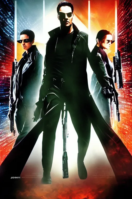 Prompt: a high action movie poster of trinity in the movie the matrix, wearing sun glasses and black leather trench coat, using heavy weapons, matrix symbol code in the background, extremely detailed, extremely symmetrical facial features, sharp focus, unreal engine, 8 k