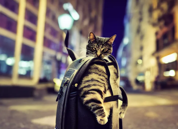 Image similar to photography of a Cat being carried in a backpack . in a new york street. award winning photo, led lighting, night, 130mm, sharp, high res