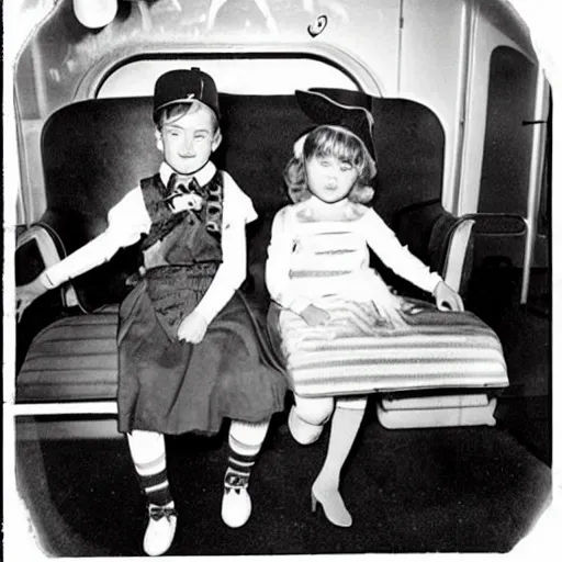 Image similar to kids on Halloween costumes on a train to another dimension, vintage photography, high quality, nostalgic