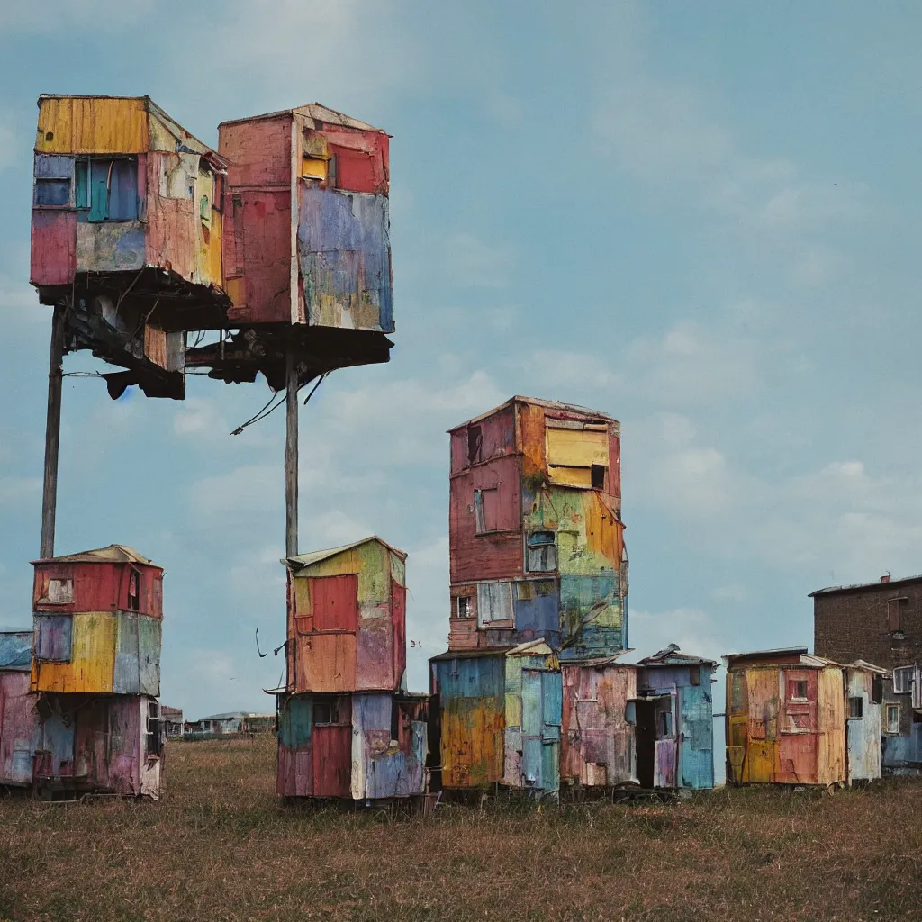 Image similar to two suspended towers made up of colourful makeshift squatter shacks with faded colours, plain uniform sky at the back, soft focus, mamiya rb 6 7, f 1. 8, photographed by uta barth