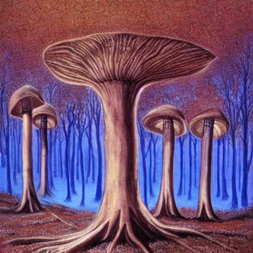 Image similar to mushroom trees viewed from the forest floor with a god ray drawn by John Avon