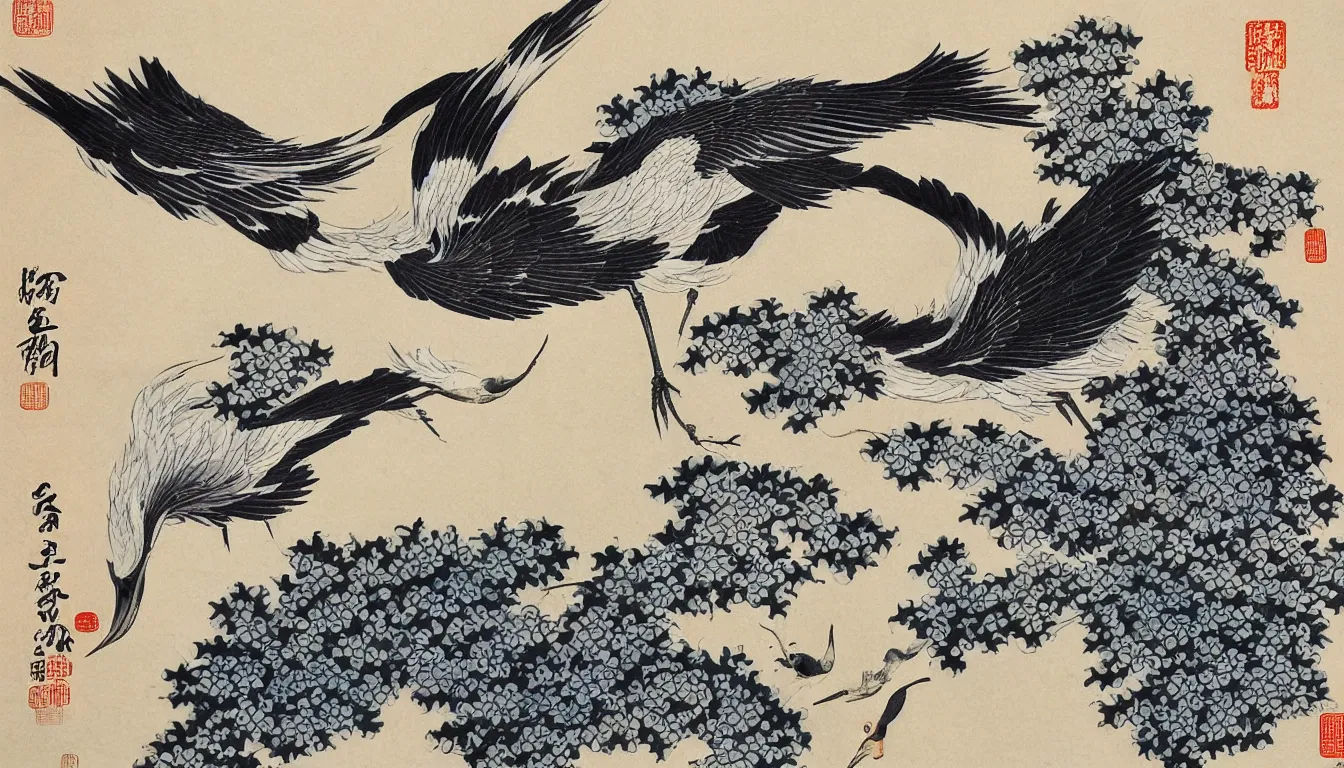 Image similar to traditional chinese ink of japanese crane by hokusai, ultra detailed