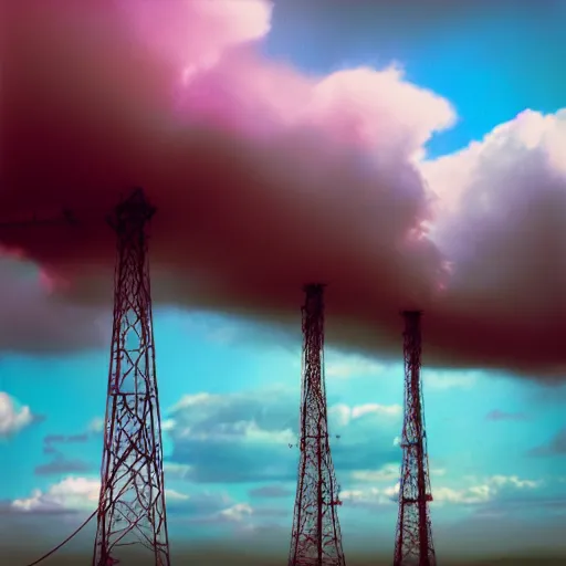 Prompt: film photography of several 4g mobile phone towers amongst colourful clouds by Kim Keever, low shutter speed, 35mm