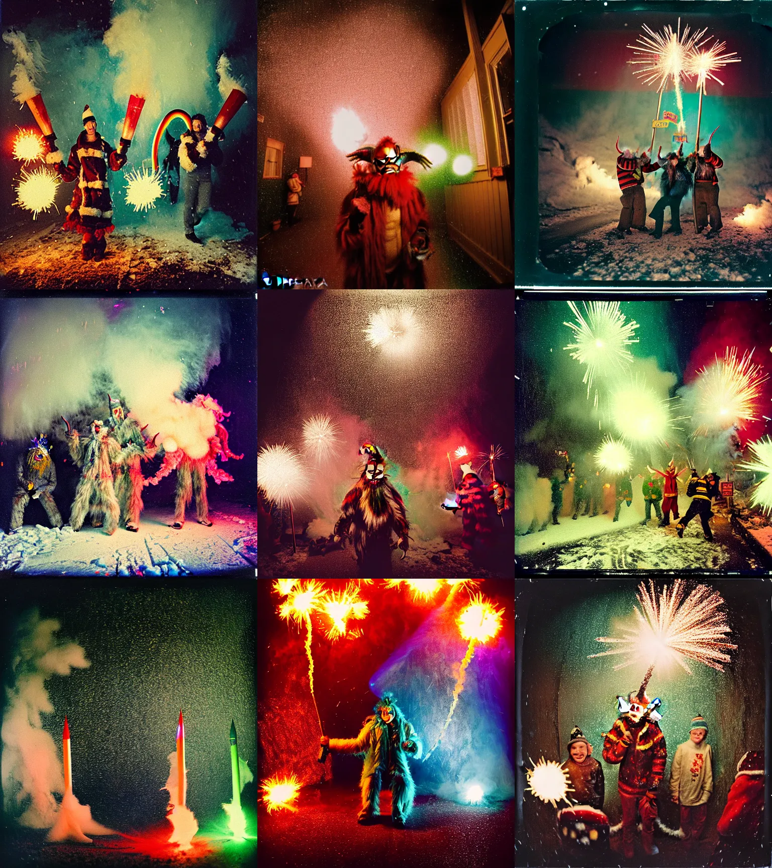 Image similar to kodak portra 4 0 0, wetplate, winter, snowflakes, rainbow coloured rockets, chaos, glitter tornados, award winning dynamic photo of a bunch of hazardous krampus between exploding fire barrels by robert capas, motion blur, in a small pantry at night with colourful pyro fireworks and torches, teal lights