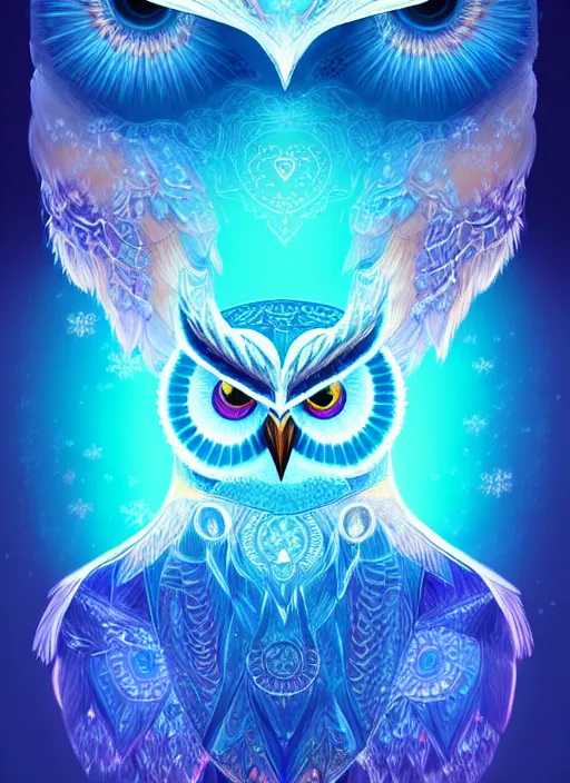 Image similar to symmetry!! product render poster vivid colors divine proportion owl, ice and snow, glowing fog intricate, elegant, highly detailed, digital painting, artstation, concept art, smooth, sharp focus, illustration,