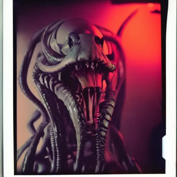 Prompt: a polaroid picture of a xenomorph with fluorescent flesh, polaroid pic by giger