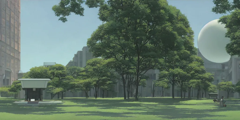 Image similar to A solarpunk round white sci-fi building in a city park, by Studio Ghibli and Edward Hopper