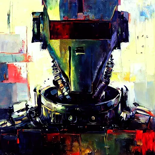 Image similar to a portrait of a robot with high tech armor, high detailed greg rutkowski painting, by adrian ghenie and gerhard richter. art by james gurney. masterpiece, deep colours.