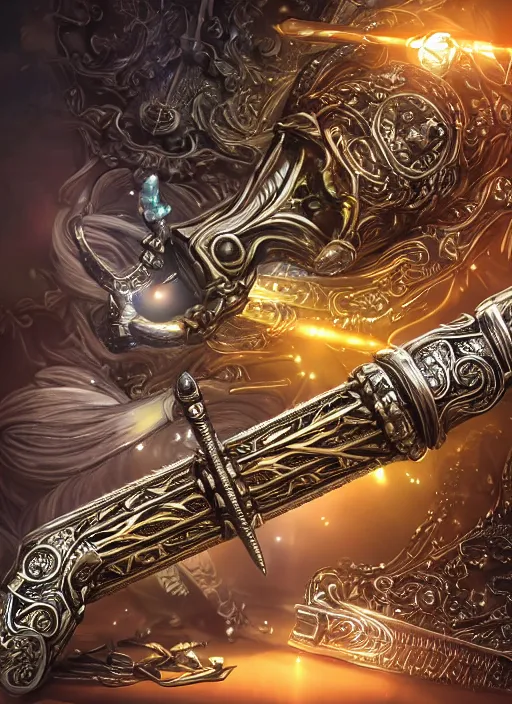 Image similar to legendary glowing sword of cybernetic technology on a table, digital award winning artwork, intimate, intricate, long sharp black and iridescent blade, ornate gothic baroque spikes coming out, colorful hilt, vivid detailed realistic, ray tracing, colored gems, golden pommel, by yoshitaka amano, deviantart