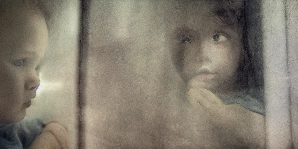 Prompt: little boy looking at the window, his face is reflected on the glass, beautiful artwork by katia chausheva