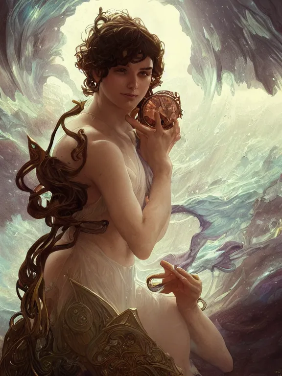 Image similar to young summoner with a water elemental, fantasy, man, intricate, elegant, highly detailed, digital painting, artstation, concept art, wallpaper, smooth, sharp focus, illustration, art by artgerm and greg rutkowski and alphonse mucha
