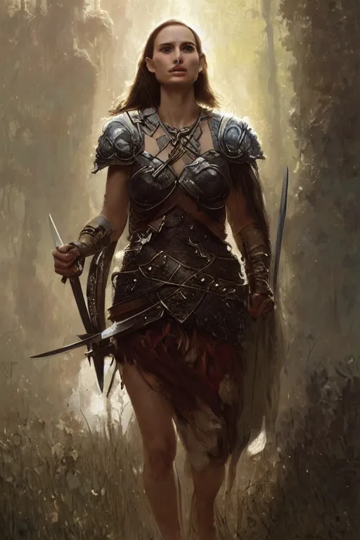 Image similar to natalie portman, legendary warrior, heroic, lord of the rings, tattoos, decorative ornaments, battle armor, by carl spitzweg, ismail inceoglu, vdragan bibin, hans thoma, greg rutkowski, alexandros pyromallis, perfect face, fine details, realistic shading photorealism