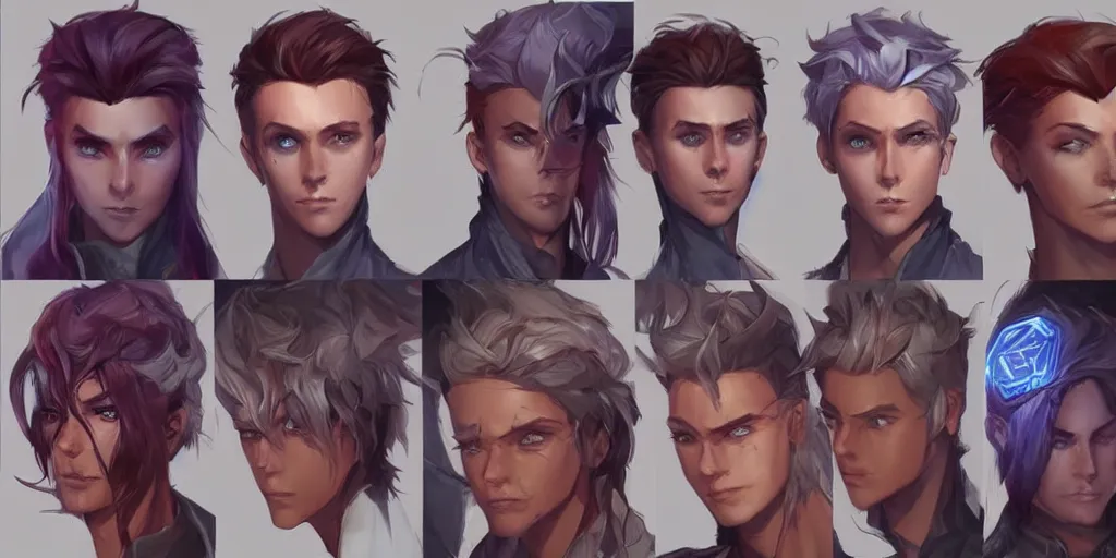 Image similar to concept art of young male netrunner d & d video game characters head designs, unique hair designs, by marc brunet and artgerm