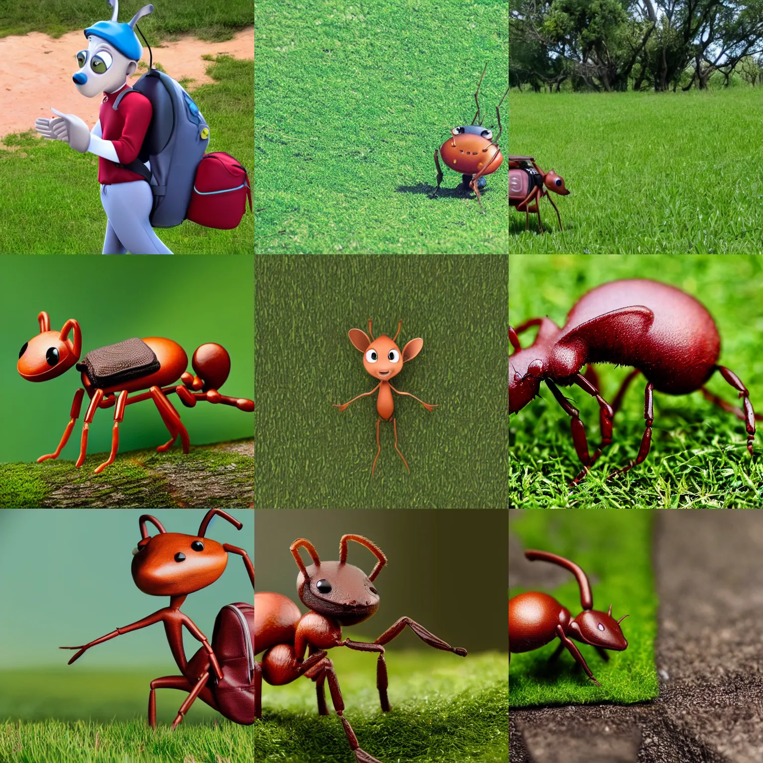 Image similar to an anthropomorphic ant wearing a backpack, walking through a green pasture