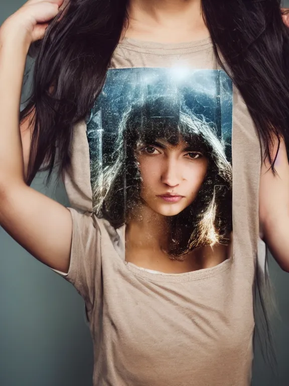 Image similar to hyperdetailed photo of a beautiful italian girl, brown eyes, dark hair, winds of winter, with ripped transparent crop t - shirt