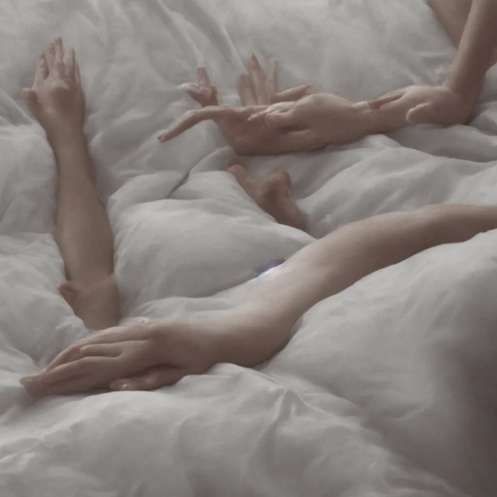 Image similar to close - up on the air - conditioning with water running on the white sheets of a girl's bed, hand of a teenager girl, ablurred, depth of field, unframed, by gerhard richter and nadav kander, 8 k hyper realistic detailed cinematic still