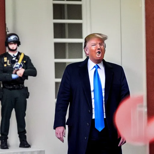Prompt: highly detailed, photorealistic, wide angle, reaction shot of donald trump being raided by the fbi, 4 k,
