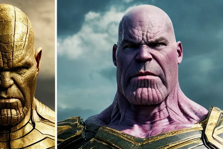 Prompt: promotional image of bald Bjork as Thanos in Avengers: Endgame (2019), purple skin color, golden plate armor, stern expression, movie still frame, promotional image, imax 70 mm footage