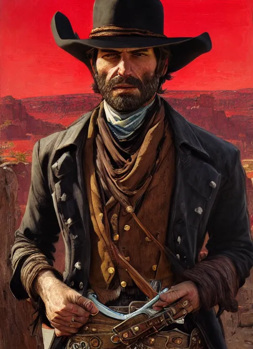 Prompt: Old west smug gunslinger (rdr2, laurie greasley). Iranian orientalist portrait by john william waterhouse and Edwin Longsden Long and Theodore Ralli and Nasreddine Dinet, oil on canvas. Cinematic, hyper realism, realistic proportions, dramatic lighting, high detail 4k