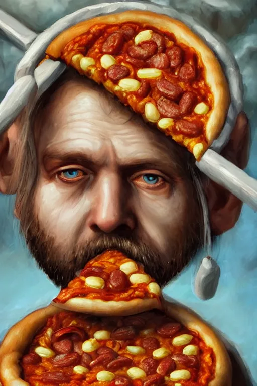 Image similar to a full body high detail fantasy portrait oil painting illustration of baked beans and pizza by justin sweet with face and body clearly visible, in a scenic background, pretty eyes, realistic proportions, d & d, rpg, forgotten realms, artstation trending, high quality, sombre mood, artstation trending, muted colours, entire person visible!