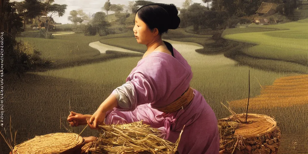 Image similar to beautiful oil matte portrait painting, vietnamese woman of an elevated rice field tending to her work, wonderful masterpiece highly detailed, beautiful cinematic light deep focus, elegant, digital painting, smooth, sharp focus, golden ratio, dramatic illumination, ultra realistic, 8 k, art by artemisia lomi gentileschi and caravaggio